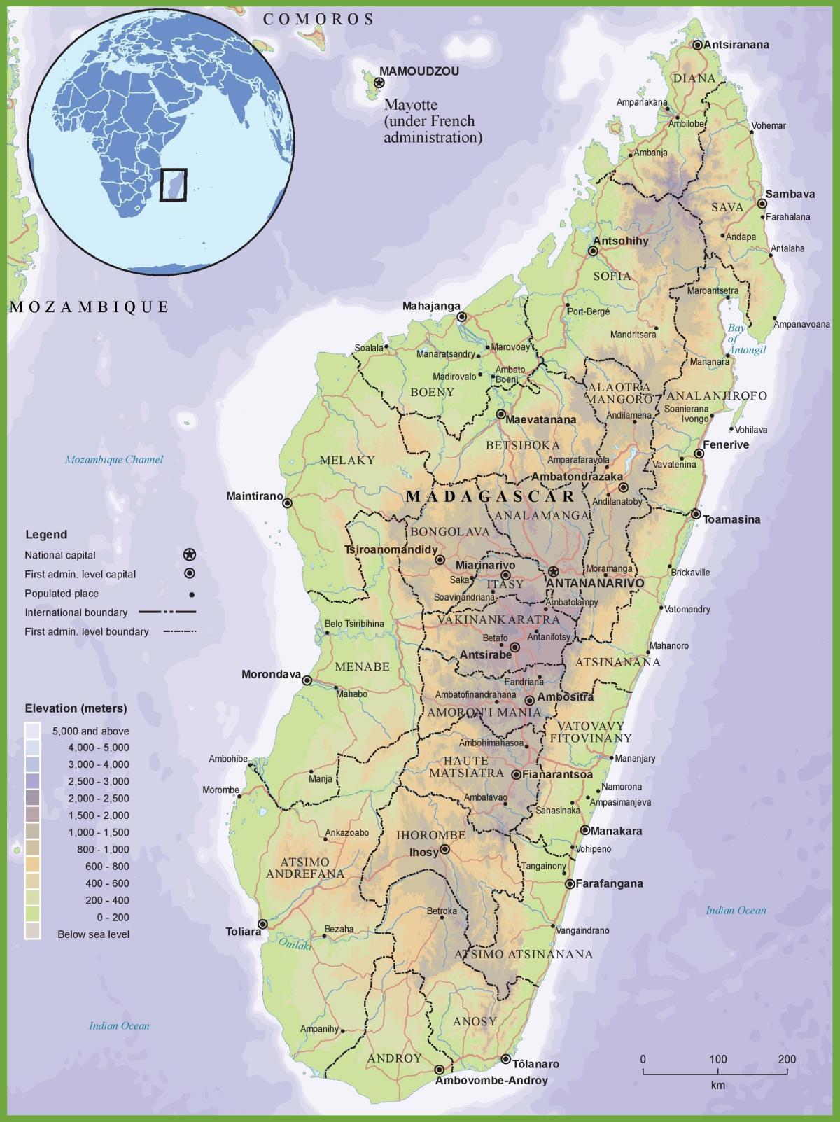mapa físico, mapa de Madagascar